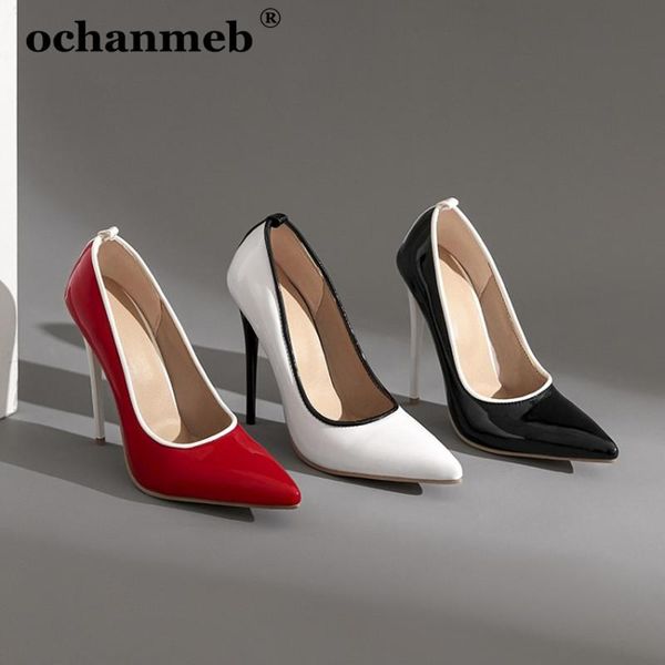 

dress shoes ochanmeb largest size 46 47 stiletto heel pumps women shiny patent leather pointed toe multi-color high heeled, Black