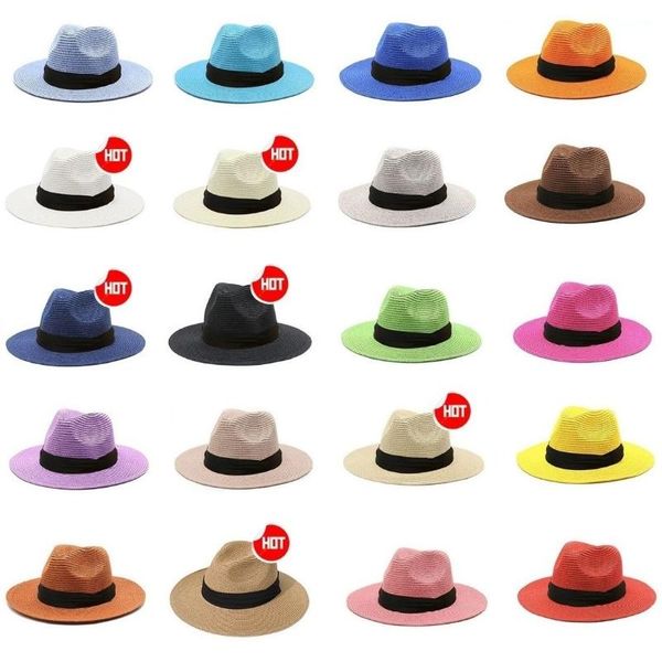 

wide brim hats summer sun hat women men panama soft foldable straw beach fedora holiday cap uv protection fashion trendy, Blue;gray
