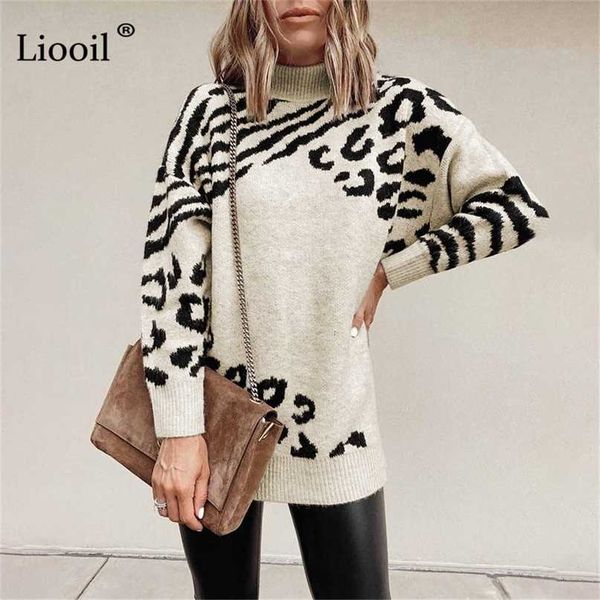 Maglioni lavorati a maglia a collo alto con stampa leopardata per le donne Maglioni larghi a maniche lunghe da donna Pullover con collo a lupetto spesso Autunno Inverno 211011