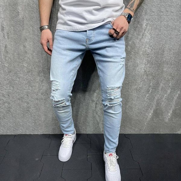 

jean fashion jeans 2021 men's korean version hole slim small leg pants, Blue