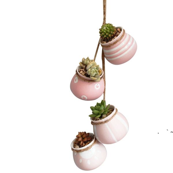 nuovo set di quattro pezzi di vaso da fiori sospeso in ceramica balcone permeabile all'aria vaso da parete appeso fioriera in ceramica pastello rustica EWD6604