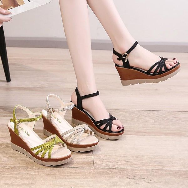 

sandals cootelili woman wedges shoes 2021 fashion summer 8cm heel round toe platform buckle beige basic size 35-39, Black