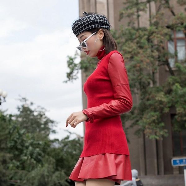 

women's sweaters 2021 bow red turtleneck pullovers women fashion harajuku knitted sweater ladies high neck leather long sleeve winter c, White;black