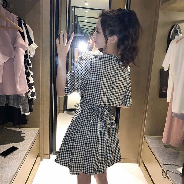 

summer missy girls clothing women dress lace up plaid slim casual short sleeves hollow ruched high waist a line mini, Black;gray