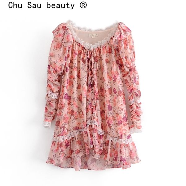 

fashion summer casual chic floral print lace mini dress women holiday style v-neck ruffles single-breasted dresses 210508, Black;gray
