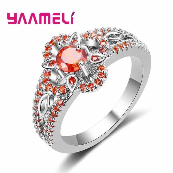 

cluster rings personality stylish orange&red flower crystal stone ring anniversary for women's gifts 925 sterling silver cz, Golden;silver