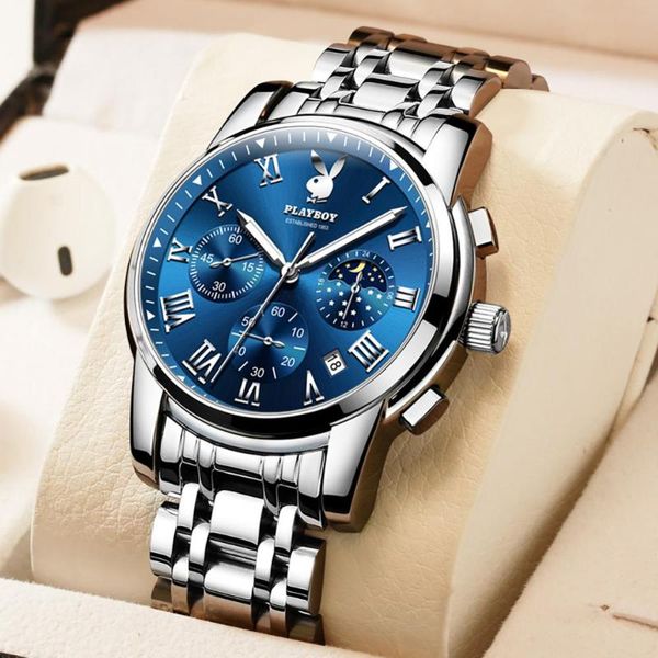 

wristwatches men's quartz wristwatch tungsten steel watchband chronography function casual style waterproof luminous hands male clock, Slivery;brown