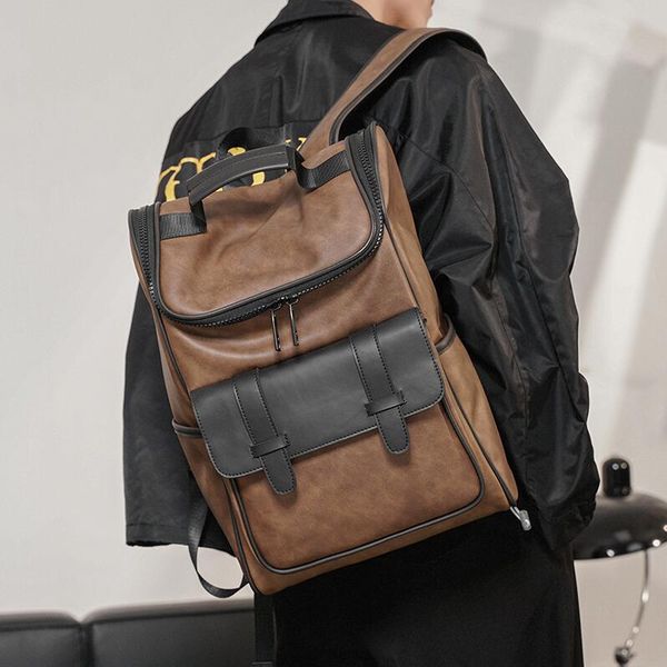 

sales men shoulder bags retro contrast matte backpacks street trend multifunctional computer bag leather backpack decorated with outdoor sports leisure 0810, Khaki