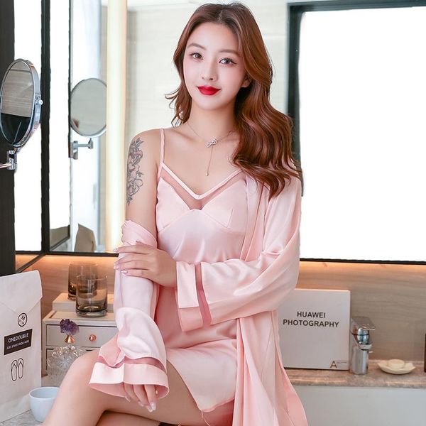 

women's sleepwear women satin twinset robe suit mesh strap nighty&robe set bride bridesmaid hollow out lounge home wear autumn, Black;red