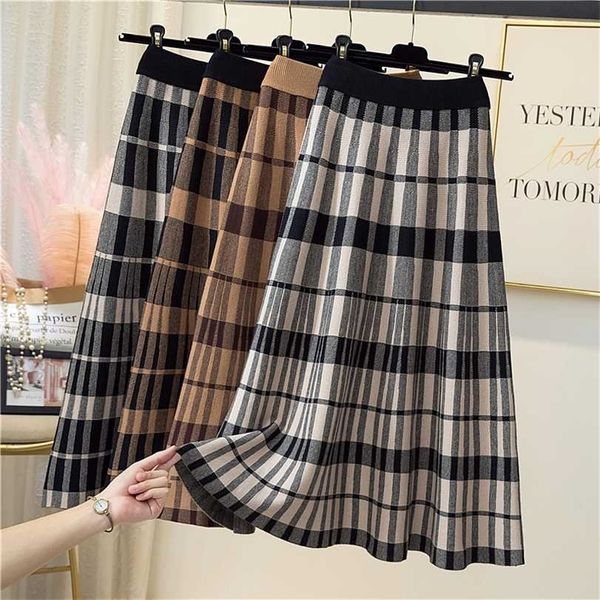 

woman high waist plaid skirt autumn winter female loose vintage a-line pleated casual korean style keep warm s 211124, Black