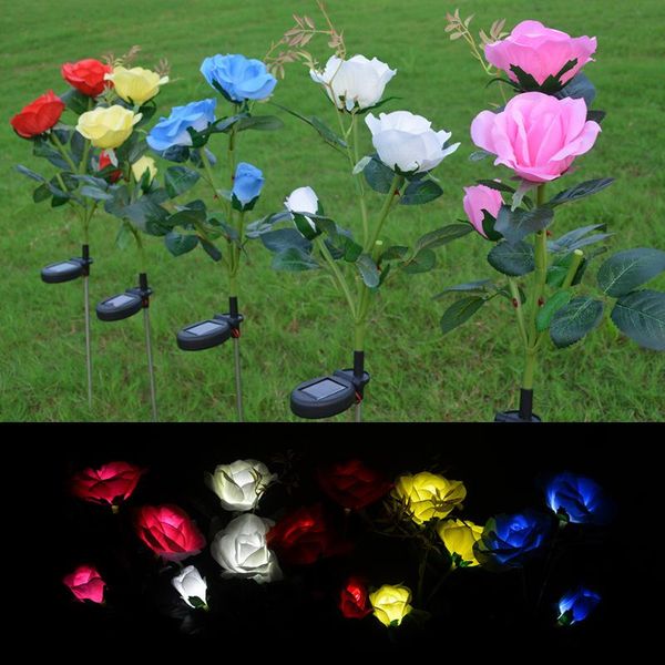 

home garden 3 head solar lawn lamp rose lanterns led floor insert simulation holiday night lighting lamps