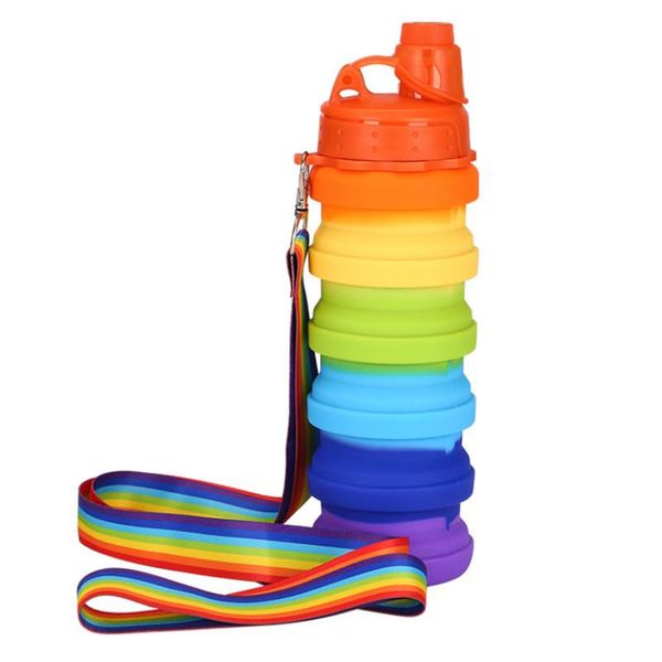 

water bottle bottle, portable folding rainbow stripe sports kettle silicone cup with lanyard for kids adults