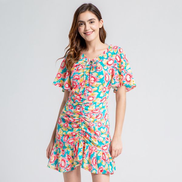 

dresses 2021 summer women's high waist wrinkle a-line design pleated floral short, Black;gray
