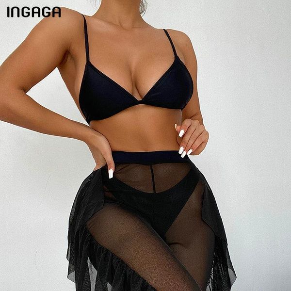 

women's swimwear ingaga bikinis swimsuit push up women three-pieces bikini set ruffled beach cover pants bathing suit 2021, White;black