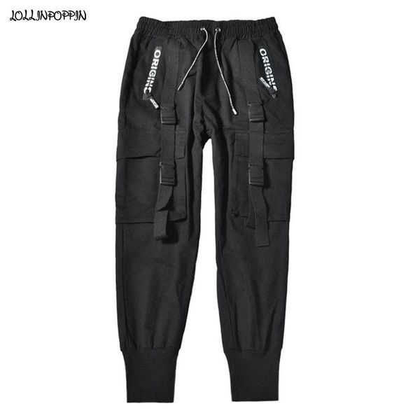 

punk style men black cargo jogger pants with buckle straps 2021 high street elastic waist multi-pockets casual trousers men's