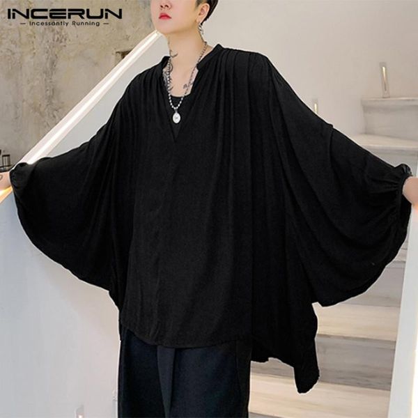 

men shirts fashion flare sleeve v neck chemise man korean style solid color blusas loose soft camisa hombre 5xl 7 men's casual, White;black