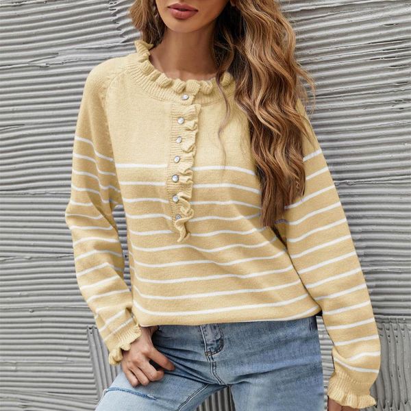 

women's sweaters womens striped pullovers long sleeve korean fashion casual button down sweater ruffle knit pullover pull femme, White;black
