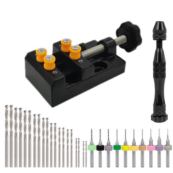 

professional drill bits 32 pcs pin vise hand set with mini drills, twist drills and bench vice for wood, jewelry, plas