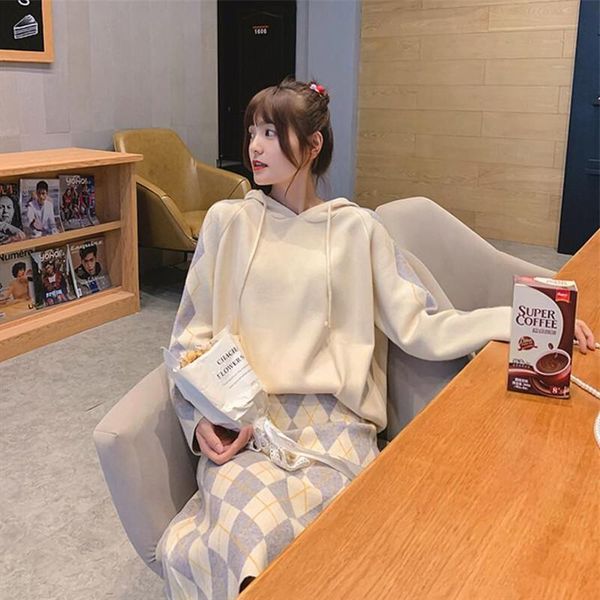 

women's sweaters 2021 female sweater hooded knit suit early autumn skirt diamond lattice solid color long sleeve two sets, White;black