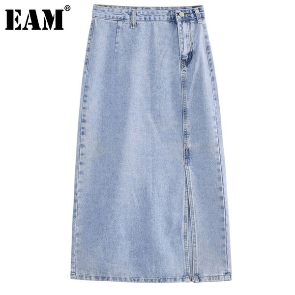 

[eam] blue casual asymmetrical split fork high waist half-body denim mid-calf skirt women fashion spring summer 1dd7899 21512, Black