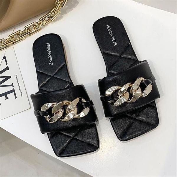 

slippers fashion ladies metal chain decorated flat casual shoes open toe women slides female beach flip flops, Black