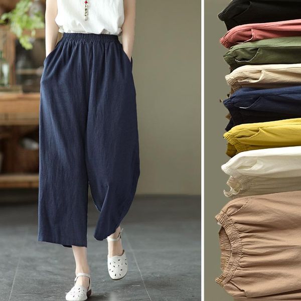 

women's pants & capris 2021 autumn wide leg for women elastic waist straight trousers vintage loose oversize calf capri cropped, Black;white