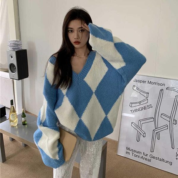 

women's sweaters sweater preppy style argyle v-neck for women autumn winter loose jumper 2021 harajuku sueters de mujer, White;black