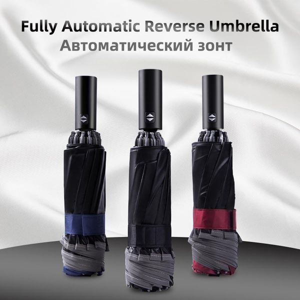 

umbrellas reflective strip umbrella men 10ribs 3 folding reverse automatic windproof rain car for women female