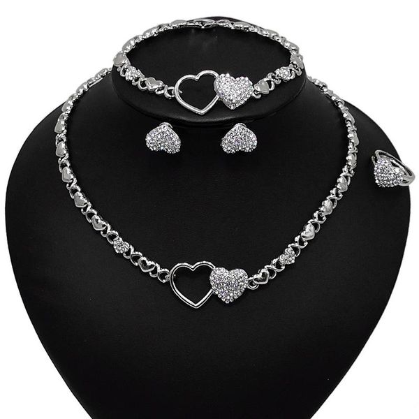 

earrings & necklace yulaili hugs and kisses heart shape crystal bracelet ring party gifts wedding jewelry sets, Silver