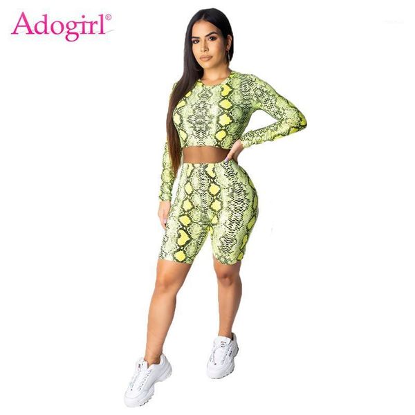 

adogirl snakeskin print fashion two piece set women tracksuit long sleeve crop + summer shorts club outfits sportswear women's trac, Gray