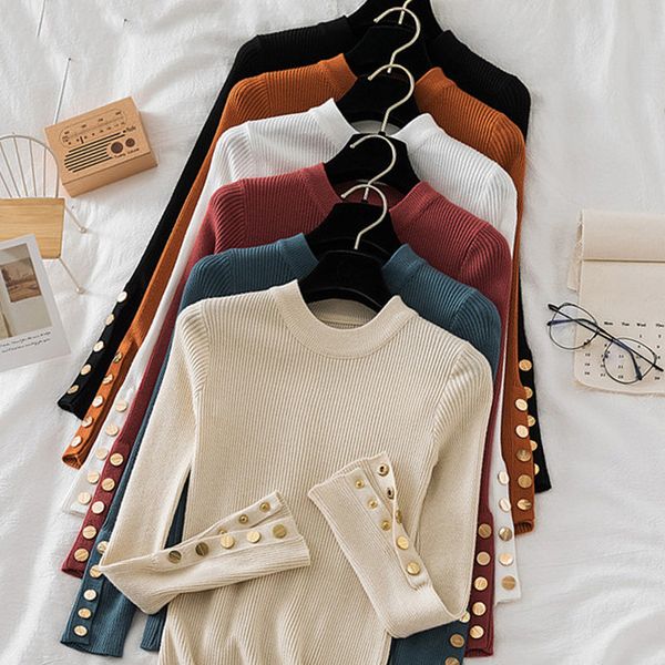 

style autumn winter button o neck sweater women pullover short tight long sleeve knit low waist sweater pullovers 210420, White;black