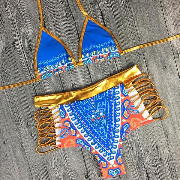 

2pcs bronzing print bikini totem pattern biquini 2021 high waist bandage swimwear beach bathing suit women swimsuit women's, White;black