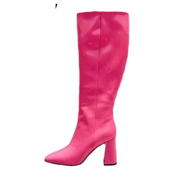 

boots chunky high heels knee boots women shiny leather spaure toe knight long runway design shoes autumn booties zbo1, Black