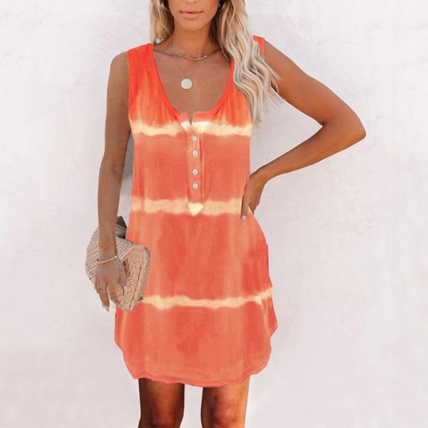 

casual dresses womens tie-dye dress o-neck summer vestidos sleeveless loose with button tank women sundress vestito da donna, Black;gray