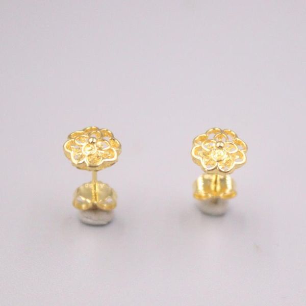 

stud pure 18k yellow gold earrings women gift lucky hollow flower / 1.4-1.5g 16*8mm, Golden;silver