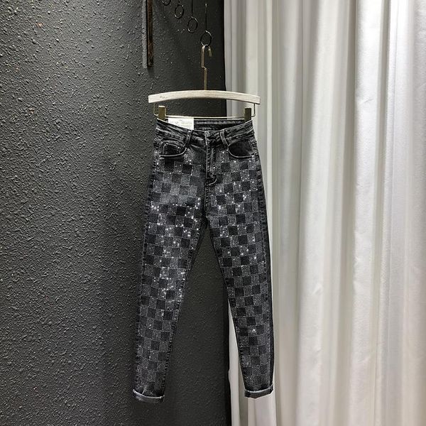 

spring high waist slim fit womens jeans straight cut rhinestone skinny pencil denim pants spodnie damskie, Blue