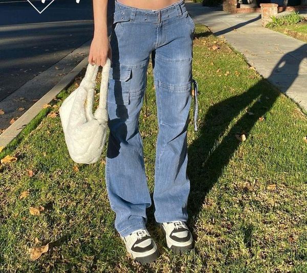 

women's jeans rapcopter blue retro sashes denim pants ruched drawstring cargo women big pockets trousers streetwear jean