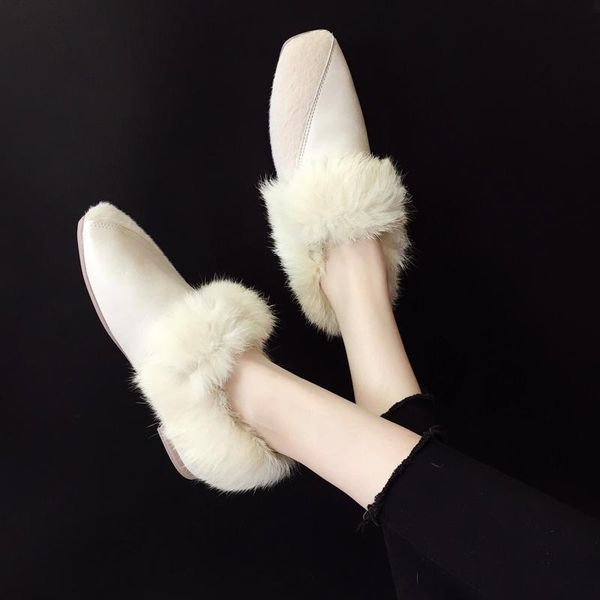

slippers winter woman slipper fur shoes pantofle shallow flock low square toe plush 2021 flat with rubber rome pu basic shearling, Black