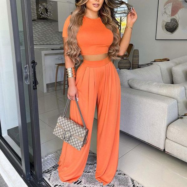 

women's two piece pants homewear summer women wear suit sets solid plus size round neck plain short sleeve crop & wide leg set, White
