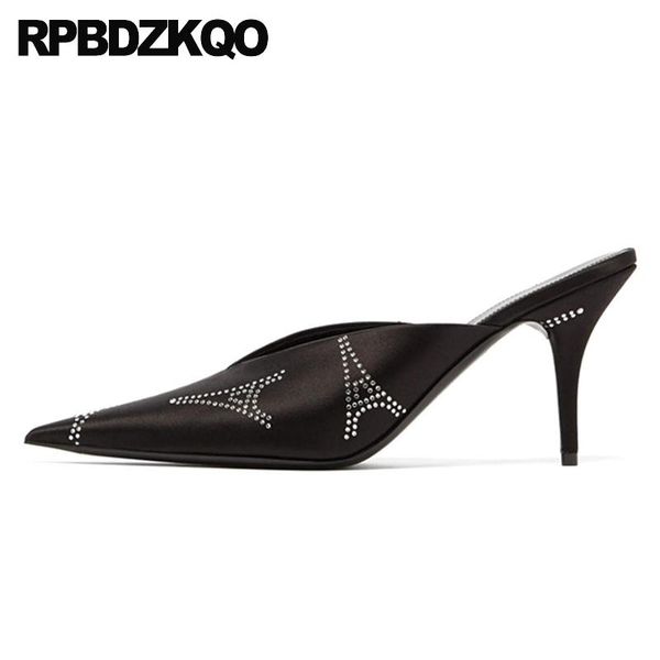 

thin black elegant high heels rhinestone pumps satin unique european designer shoes crystal diamond ladies stiletto pointed toe dress