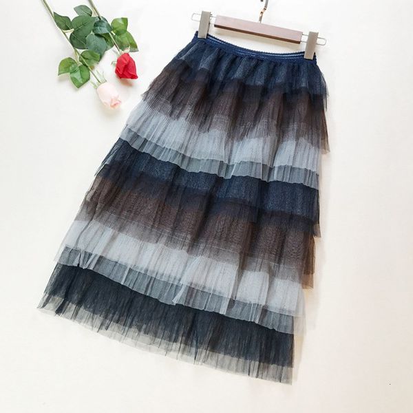

skirts sweet colored layered tulle a-line tiered long elastic waist gradient color mesh below knee tutu skirts, Black