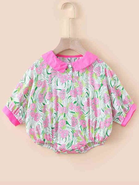 

baby contrast collar floral print bodysuit she, Blue