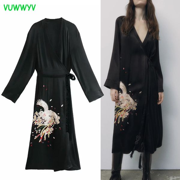 

vuwwyv black contrast phoenix embroidery dress women long kimono vintage wrap maxi woman full sleeve belt es 210430, Black;gray