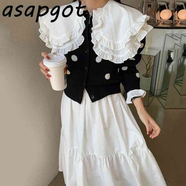 

white ruffles flare sleeve peter pan collar dress women loose pleated black white polka dot knitted cardigan sweater jacket 210330