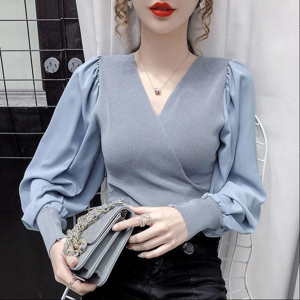 

long puff sleeve elegant womens blouses slim v neck patchwork fit blouse autumn spring shirt d35, White