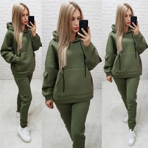 

two piece set autumn womens pants winter tracksuit side pocket sweatshirt pullover and suit solid casual outfit femme, White