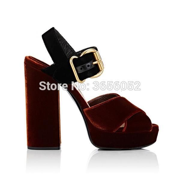 

sandals qianruiti runway summer open toe sandalias buckling ankle strap velvet shoes ladies party heels high block heel platform r803, Black