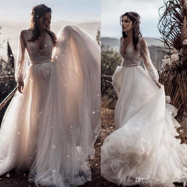 

2022 boho wedding dresses bridal gown long sleeves lace applique dotted sweep train deep v neck tulle country beach vestido de novia, White