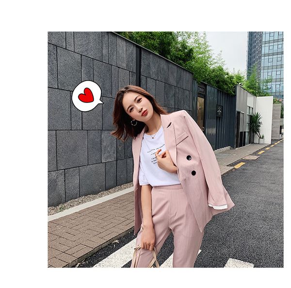 

women's two piece pants double button striped suit, jacket and thin pencil pants, 2-piece set, office suit, White