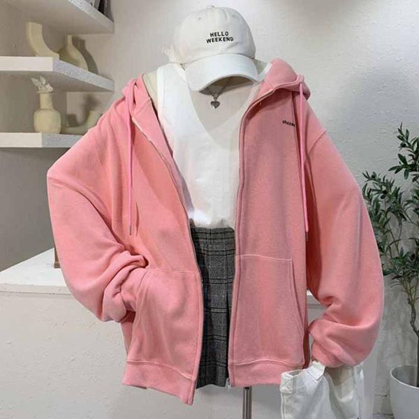 

women's hoodies & sweatshirts [ewq] korea chic 2021 autumn green candy color hooded long sleeve sweatshirt jacket loose casual fashion, Black